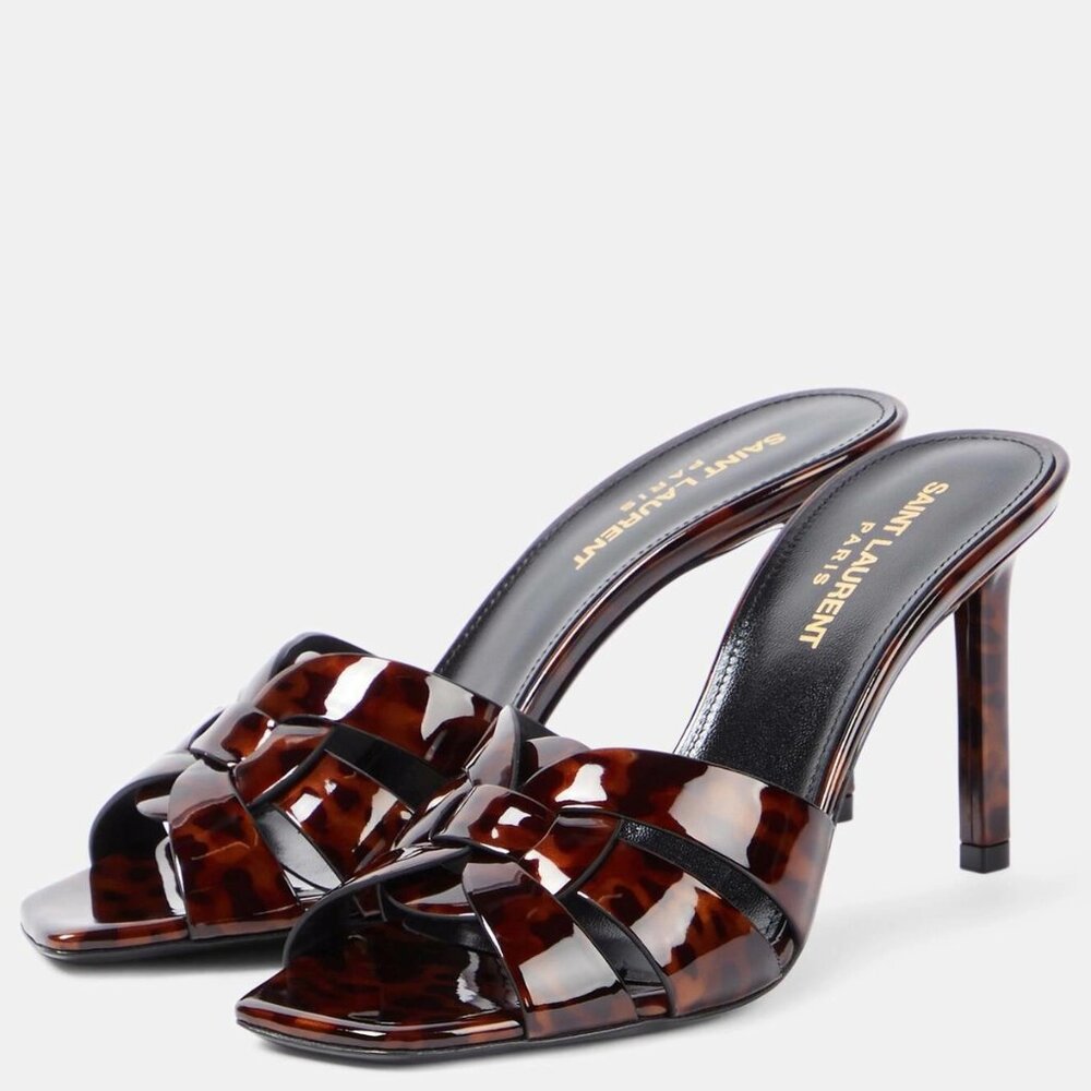 Saint Laurent YSL Tribute 85 Leopard Tartaruga Patent Mule Sandals Heels - Picture 3 of 16